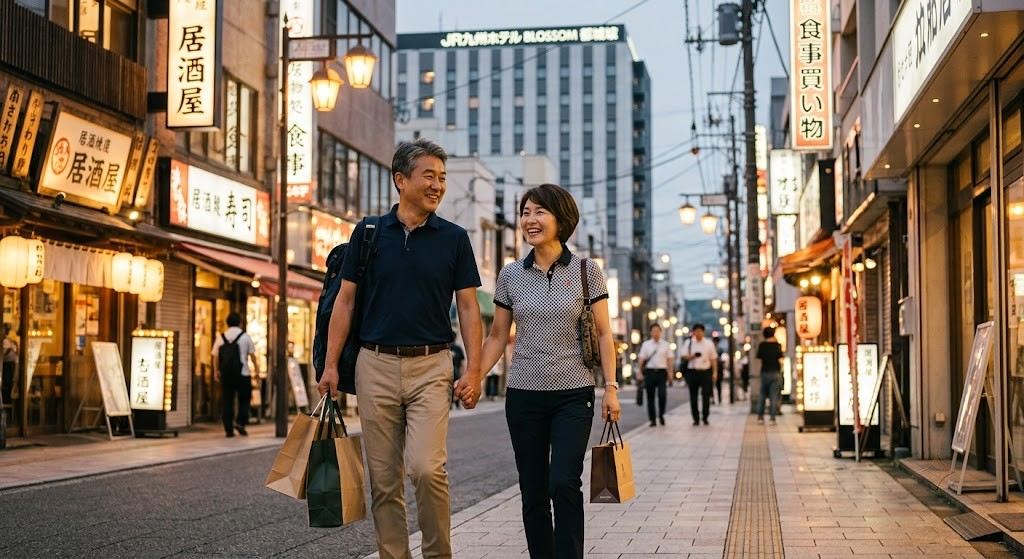 미야코노조 도심 숙박으로 저녁 식사와 쇼핑까지 자유롭게 즐길 수 있습니다.