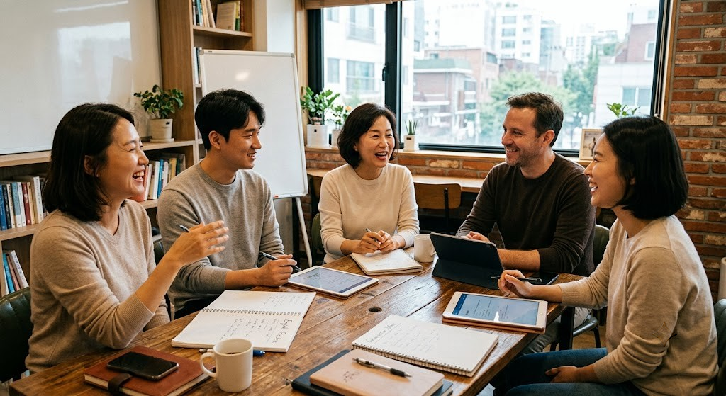 부담 없는 분위기에서 서로 대화를 주고받는 수업은 말문을 트는 데 도움이 됩니다.